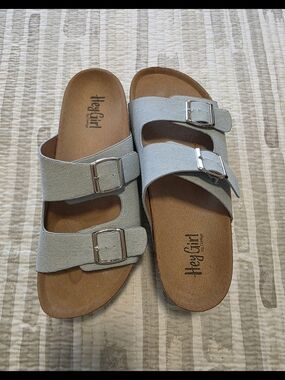 Hey Girl Light Blue Double-Buckle Platform Slides